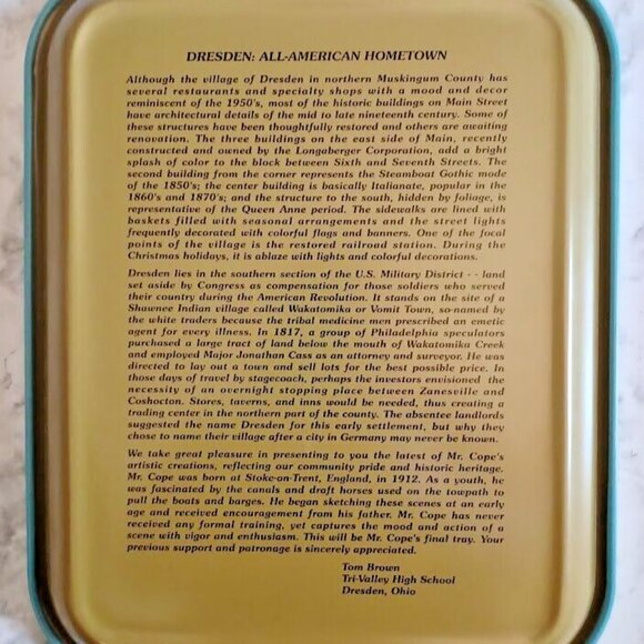 1992 Dresden, OH Coca Cola Metal Tray Commemorative LESLIE COPE'S FINAL TRAY! - Picture 2 of 3